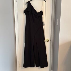 Marina Off Shoulder Black Scuba Crepe Jumpsuit with Pants Overlay, Size 12